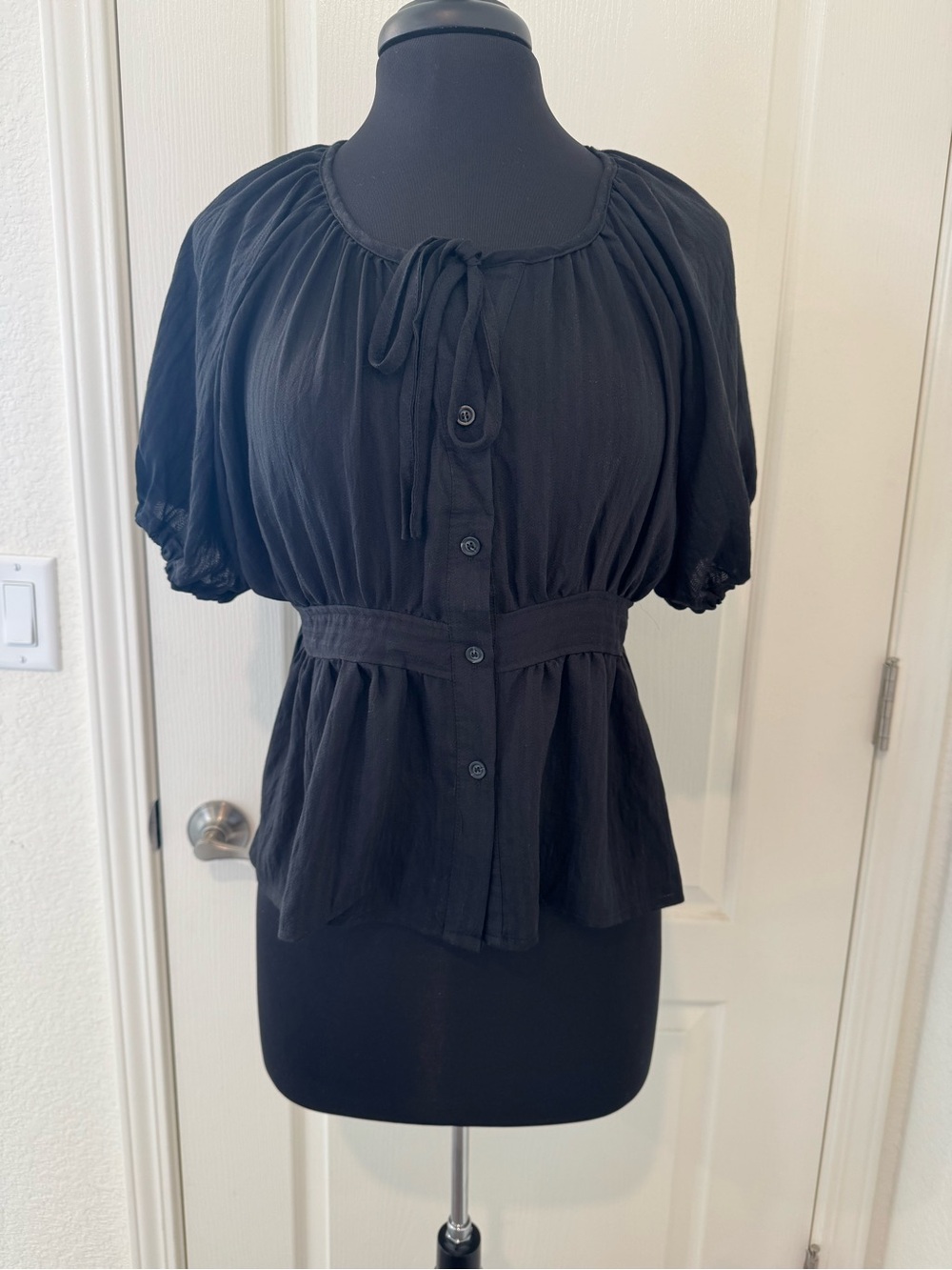 Black Peasant Blouse with Tie Neck - Women Tops